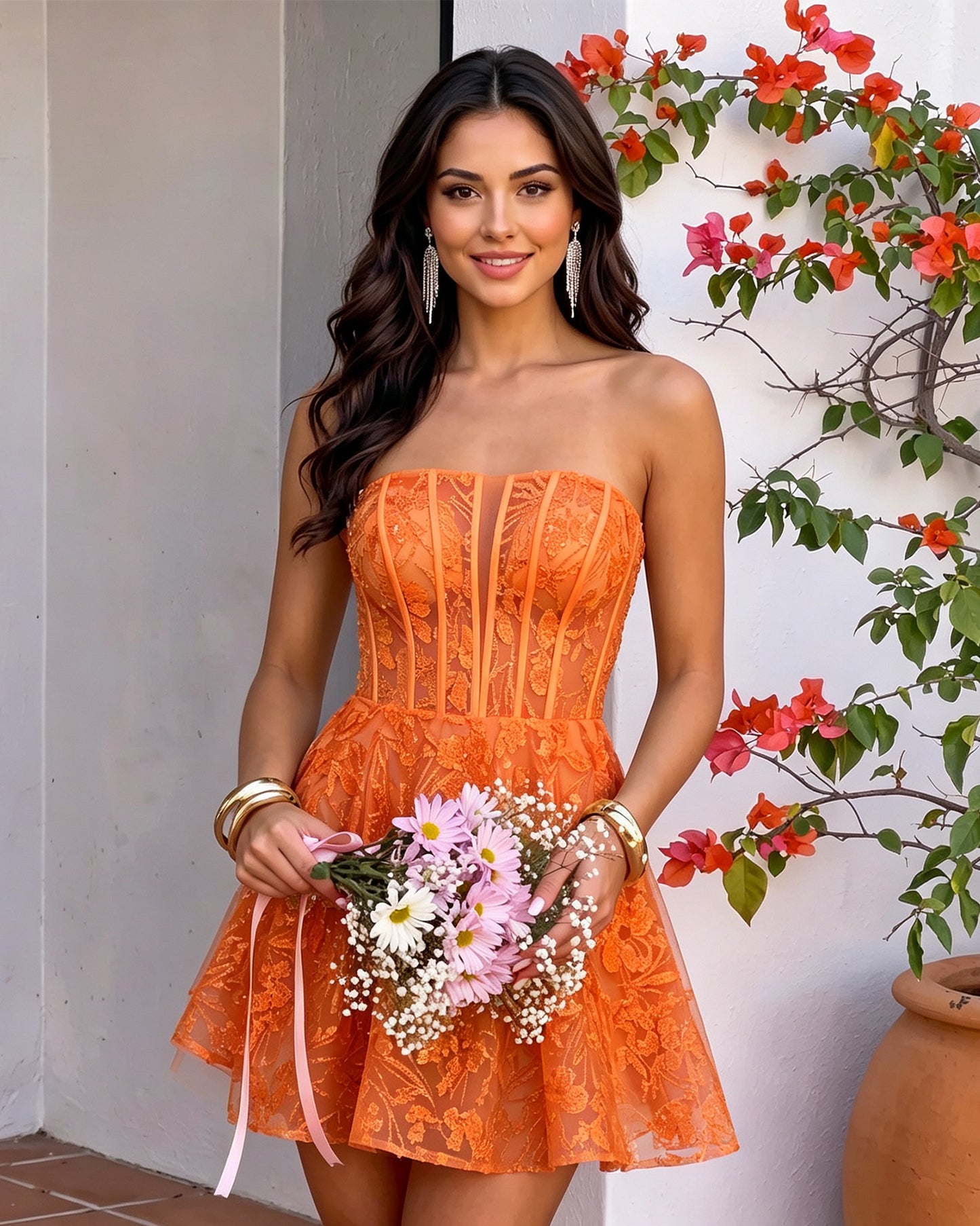 Strapless Floral Lace Corset A-Line Mini Homecoming Dress