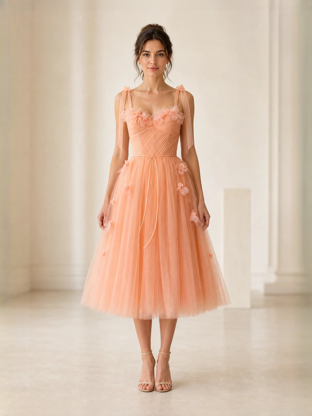 Orange Corset Floral Sweetheart A-Line Midi Tulle Prom Dress for Spring Formal