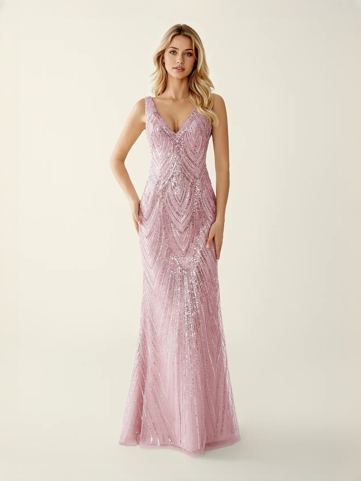Sequin V Neck Mermaid Maxi Prom Dress for Evening Ceremony