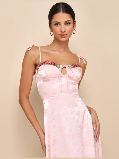 Satin Embroidered Detail Embroidered Midi Formal Dress
