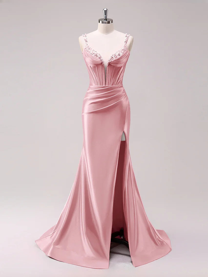 Ruched Corset Slit Plunging Neckline Mermaid Floor-Length Stretch Satin Prom Dress for Awards Dinner
