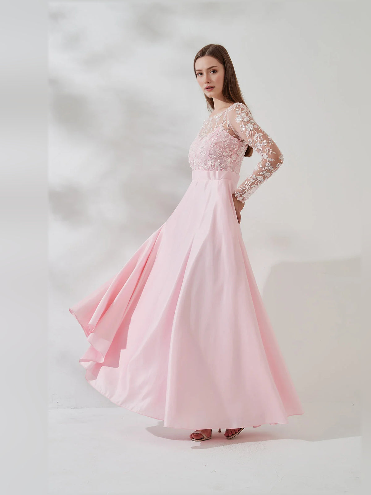 Floral Print Long Sleeves Open Back Floor-Length Formal Dress