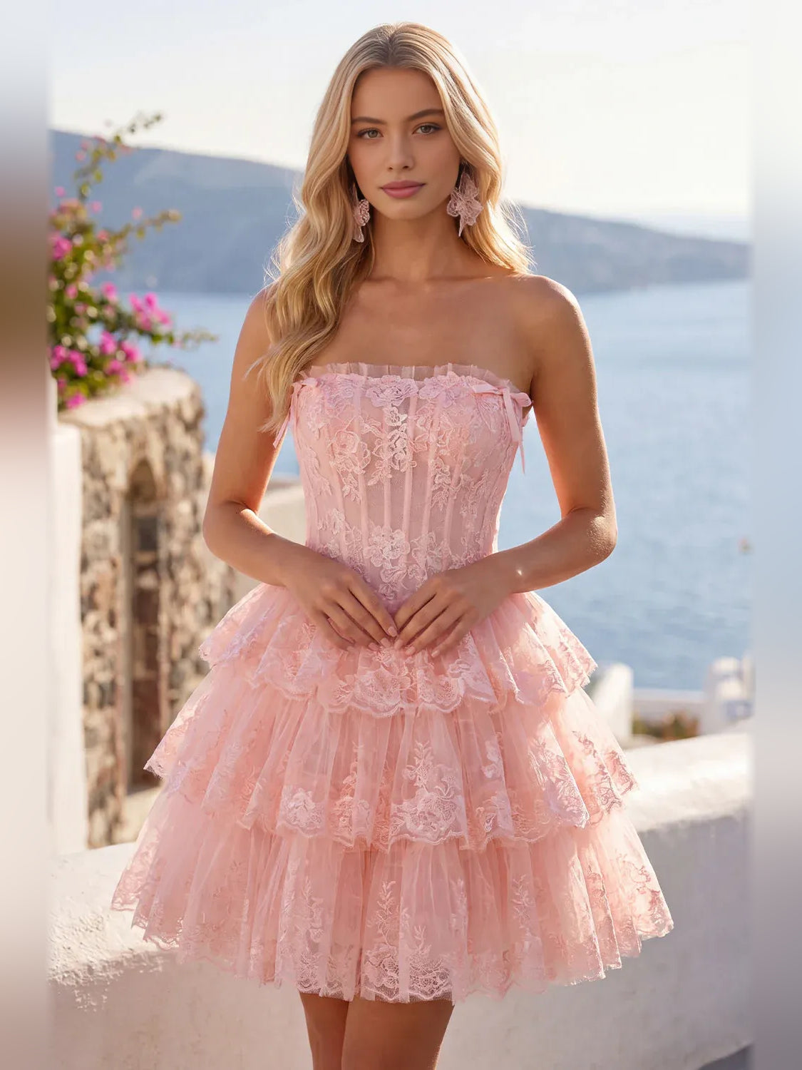 Corset Tiered Floral Ruffled Strapless A-Line Mini Tulle Homecoming Dress for Hotel Reception