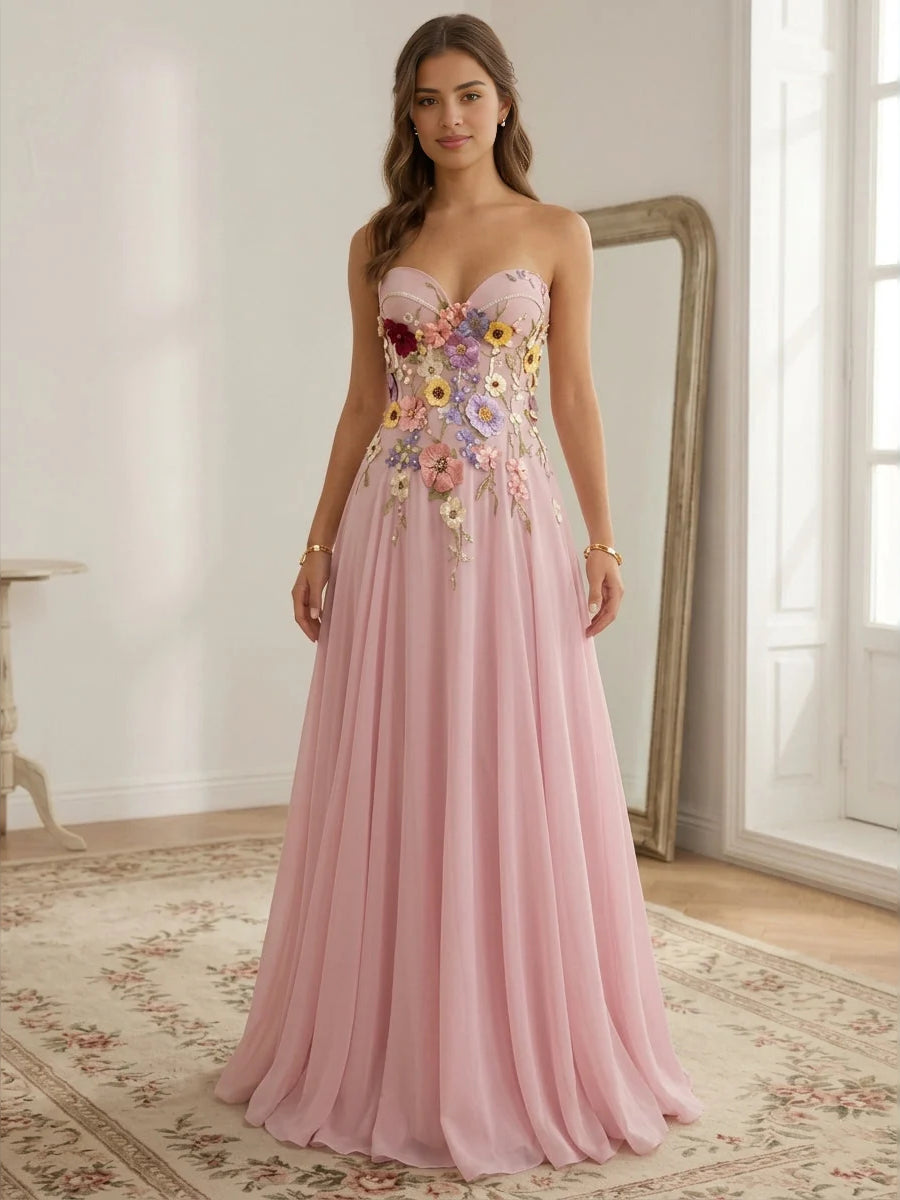 Pleated Floral Sweetheart A-Line Maxi Chiffon Prom Dress for Evening Event