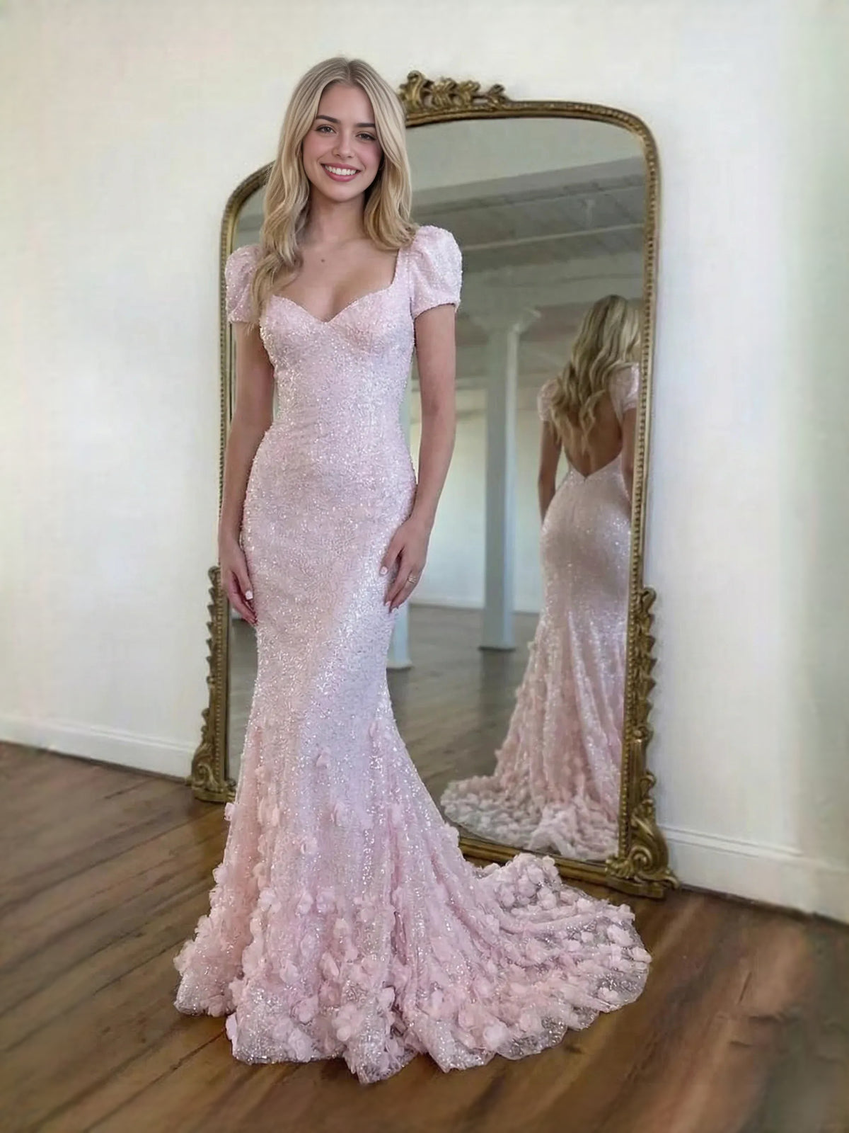 Pink Flower-Applique Floral Sweetheart Mermaid Maxi Prom Dress for Red Carpet Event