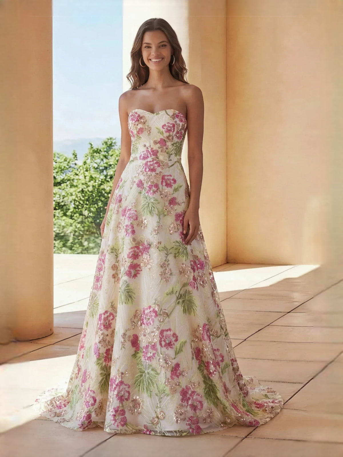 Pink Embroidered Sequin Floral Sweetheart A-Line Maxi Prom Dress for Senior Prom