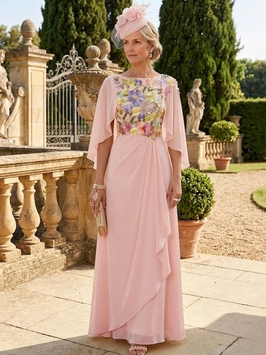 Draped Ruffled Floral Cape-Sleeve A-Line Maxi Chiffon Mother of the Bride Dress for Formal Dinner
