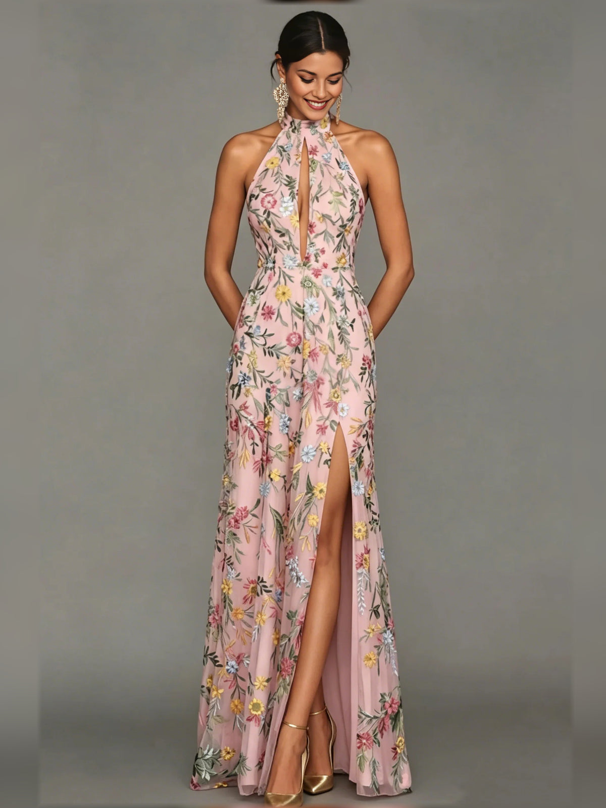 Floral Print Halter Neck Slit Floor-Length Formal Dress