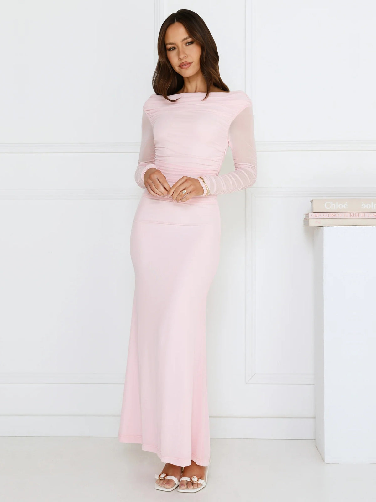 Pink Long Sleeves Sheath Maxi Formal Dress