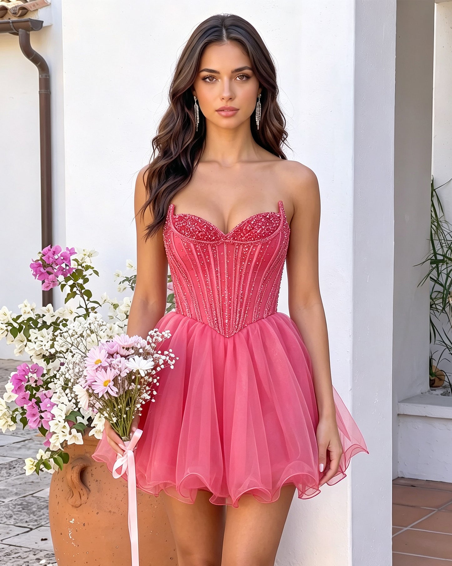Strapless Sweetheart Beaded Corset Tulle A-Line Mini Homecoming Dress