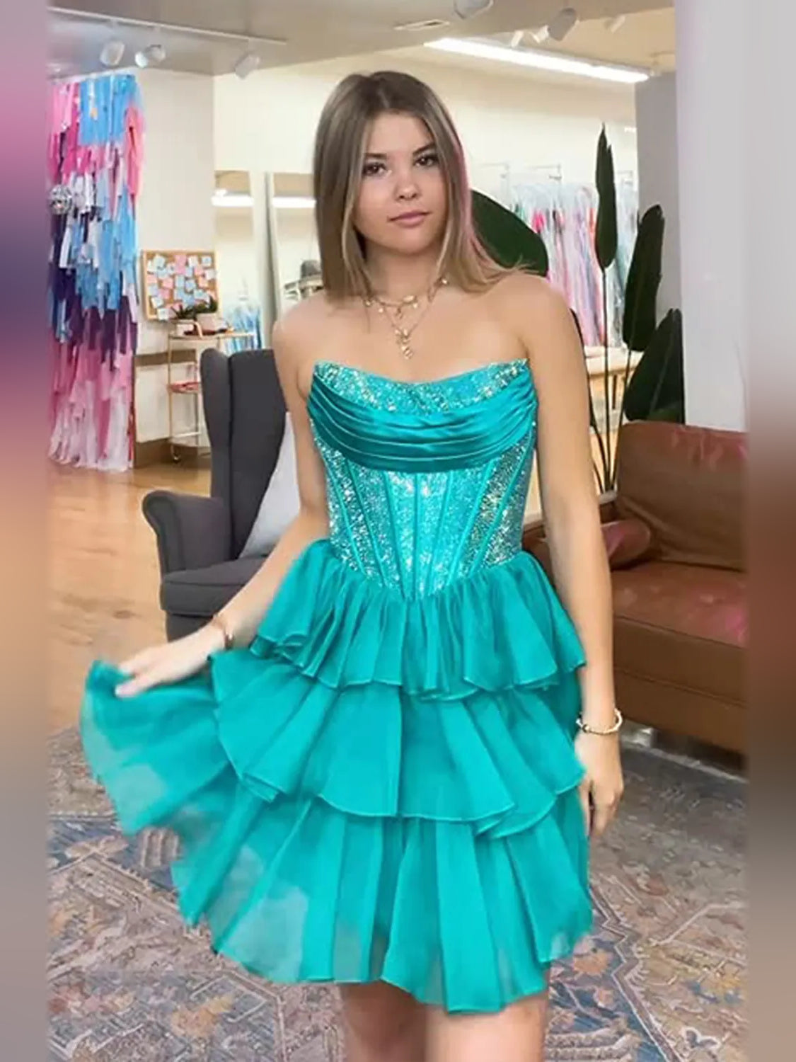 Ruched Corset Ruffled Strapless A-Line Short Chiffon Homecoming Dress for Club Formal