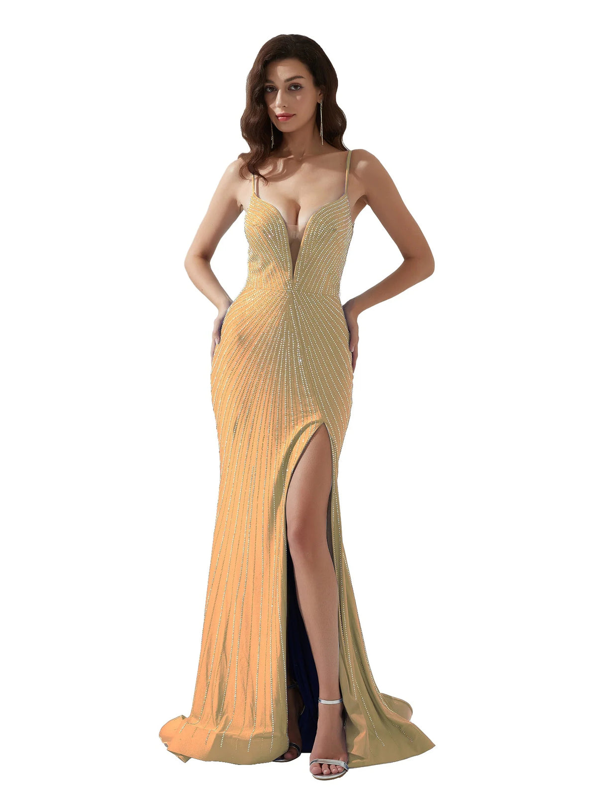 V-Neck Spaghetti Strap Sequin Fishtail High-Slit Formal Dress