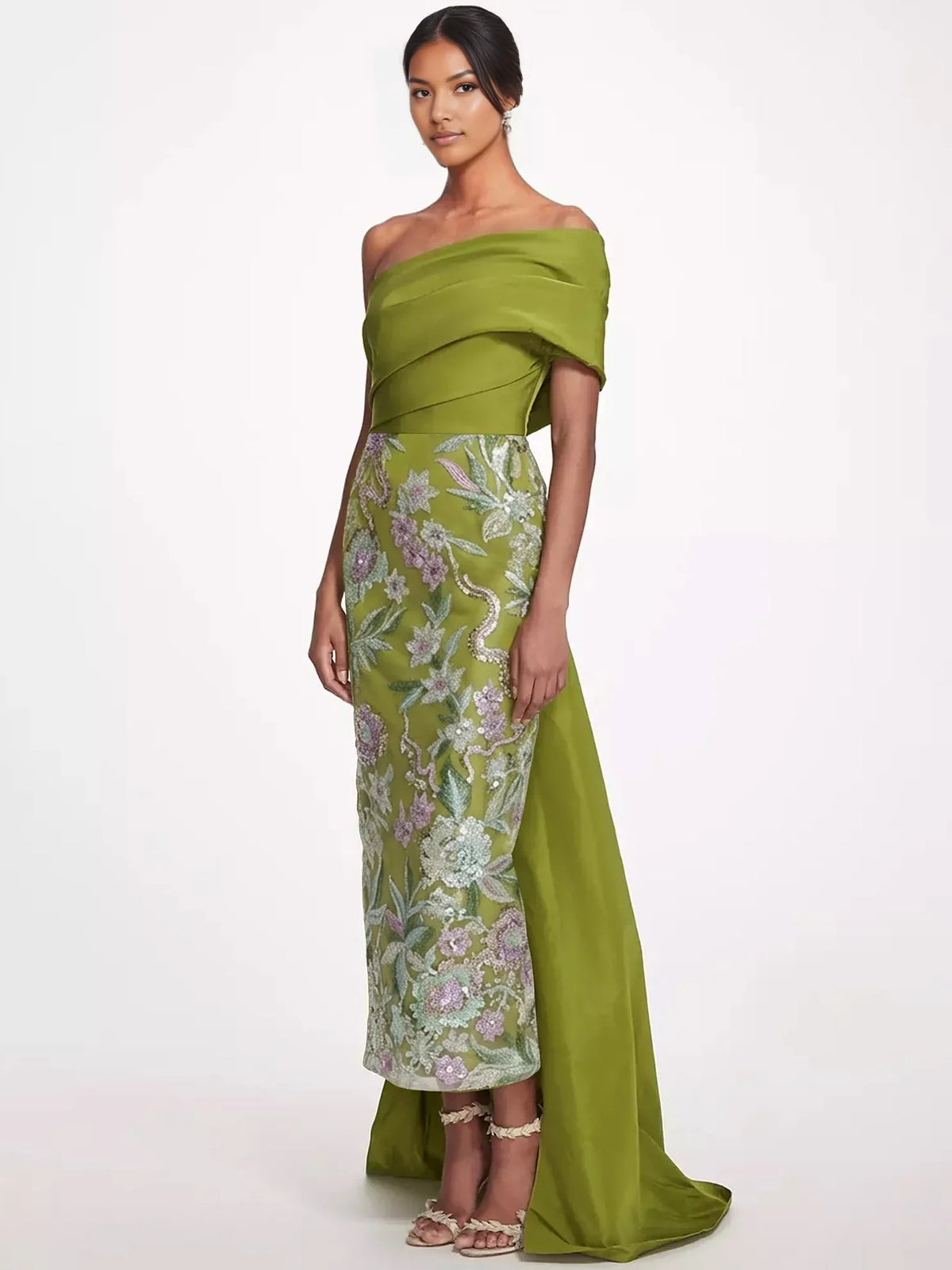 Floral Print One-Shoulder Sequin Floor-Length Formal Dress