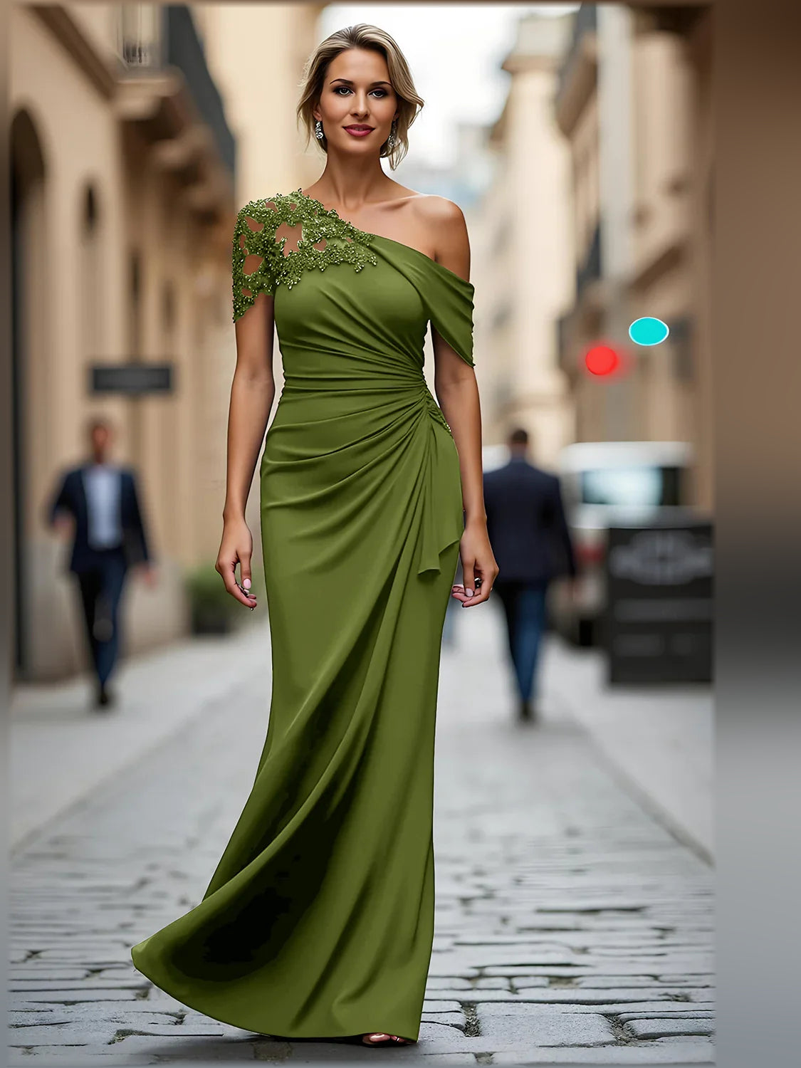 One-Shoulder Ruching Beading Floor-Length Formal Dress