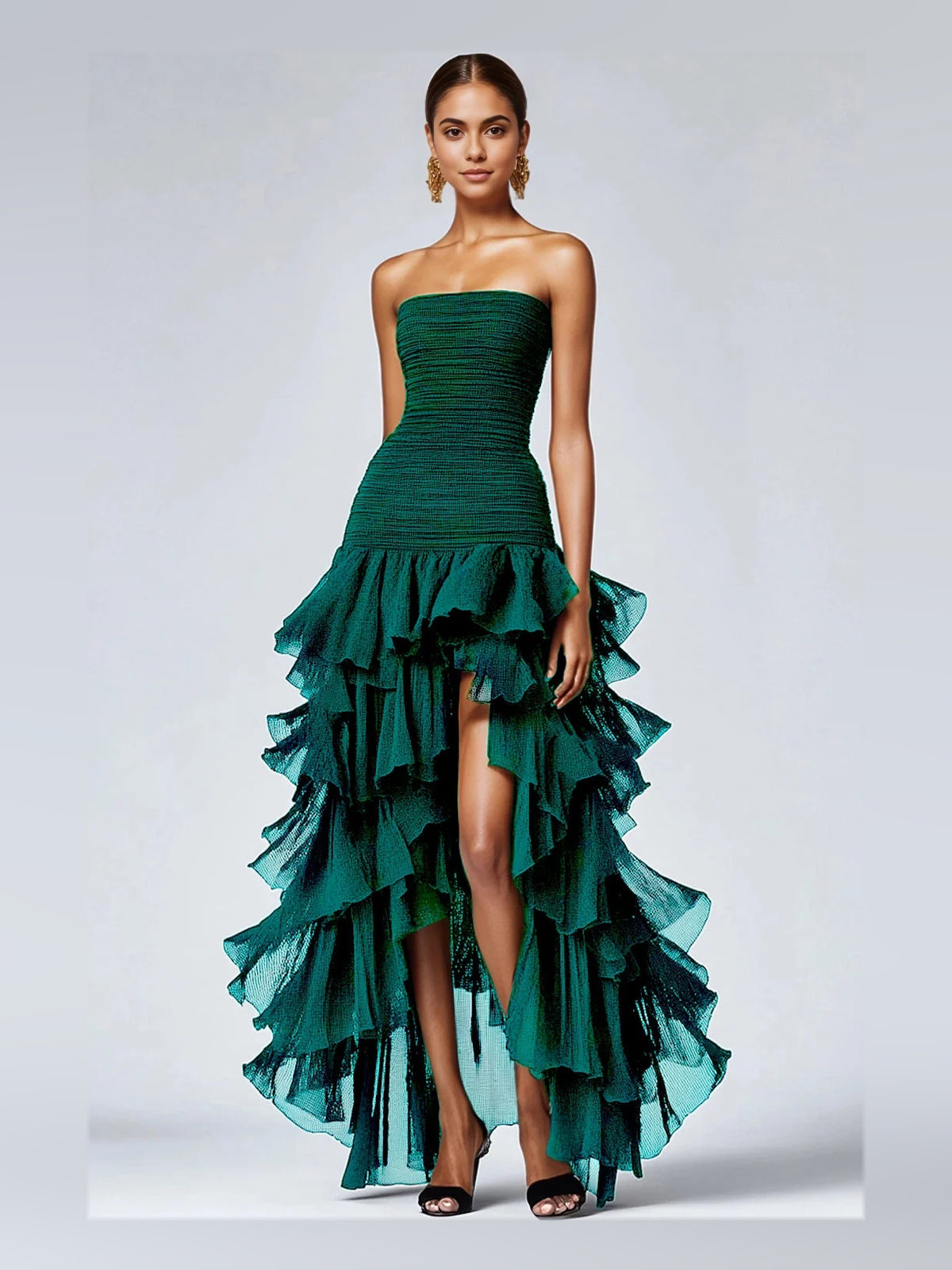 Draped Tiered Ruffled Slit Strapless A-Line High-Low Prom Dress for Evening Ceremony