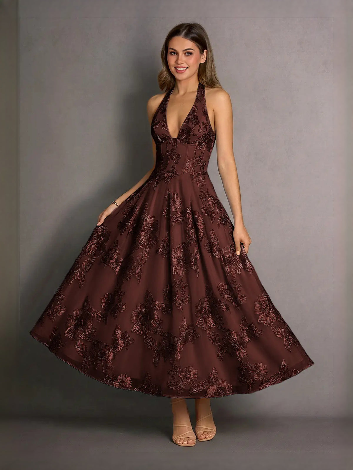 Floral Halter Neck A-Line Midi Prom Dress for Formal Reception