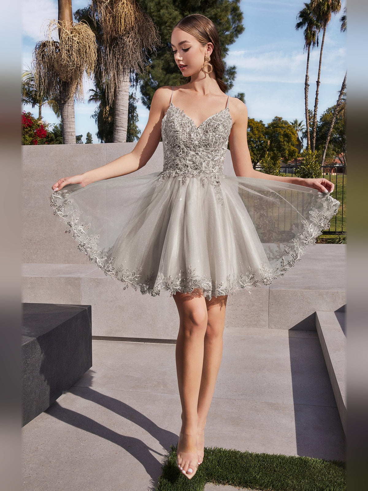 Layered Beaded V Neck A-Line Short Tulle Homecoming Dress for Theater Night