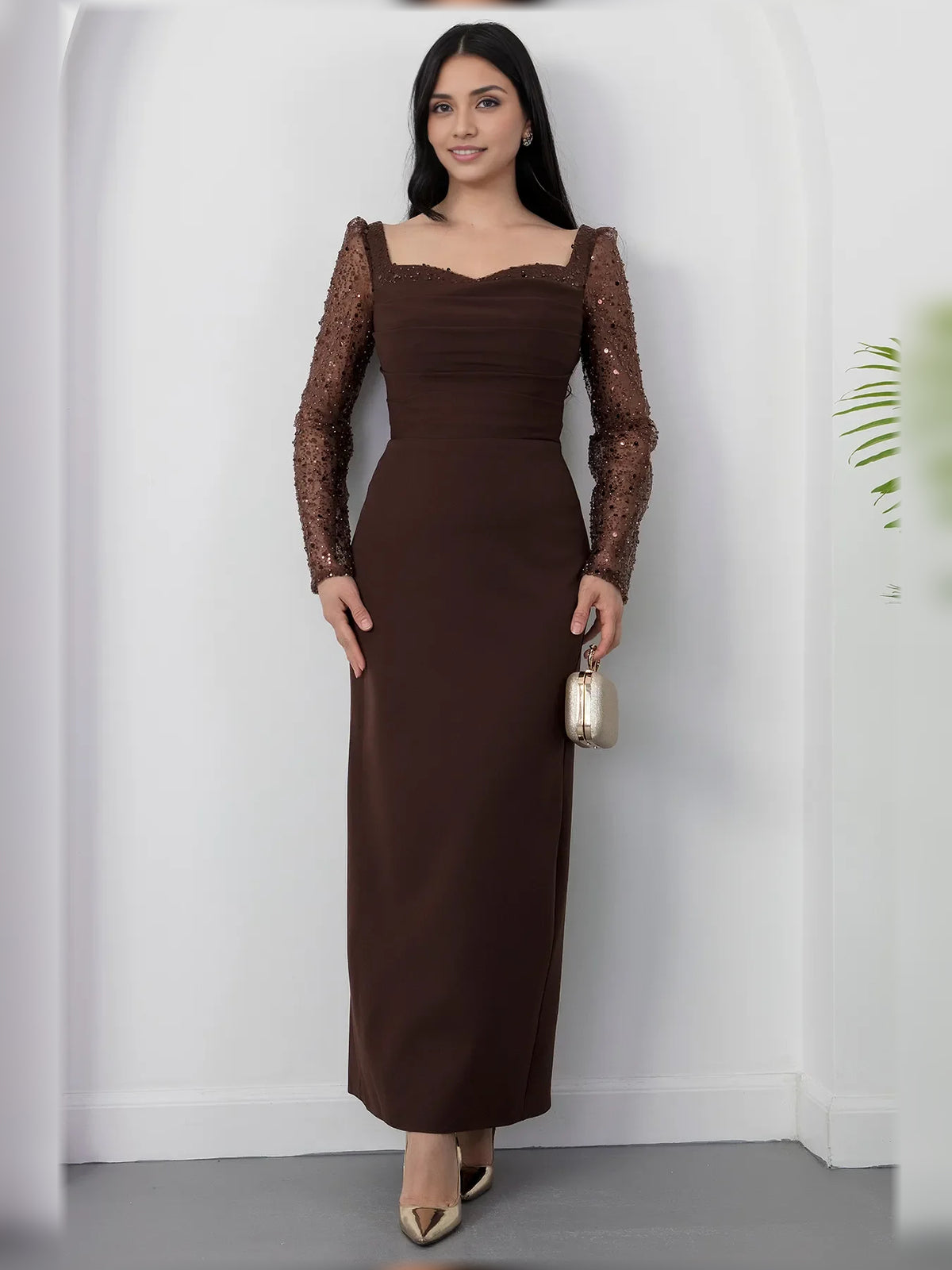 Square Neck Long Sleeves Ruching Floor-Length Formal Dress