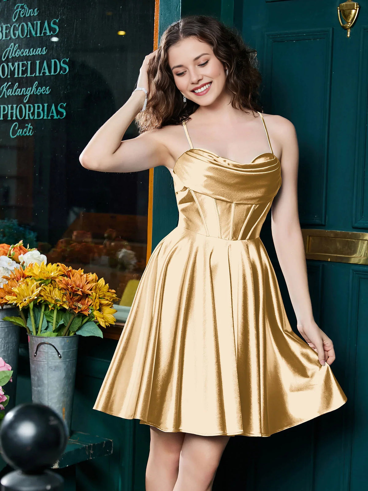 Corset Cowl Neck A-Line Mini Satin Homecoming Dress for Dinner Reception