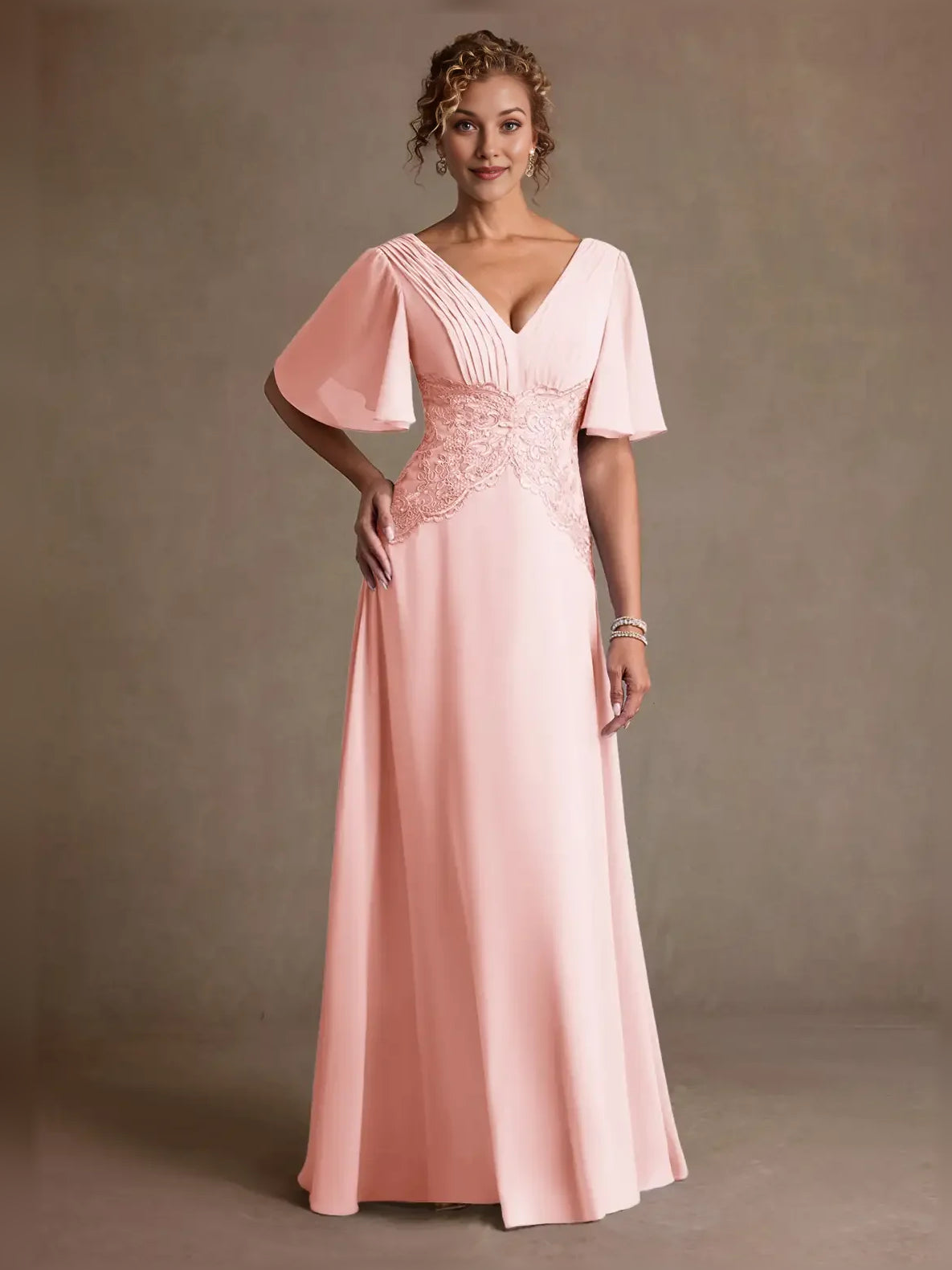 V Neck A-Line Floor-Length Chiffon Mother of the Bride Dress for Church Wedding