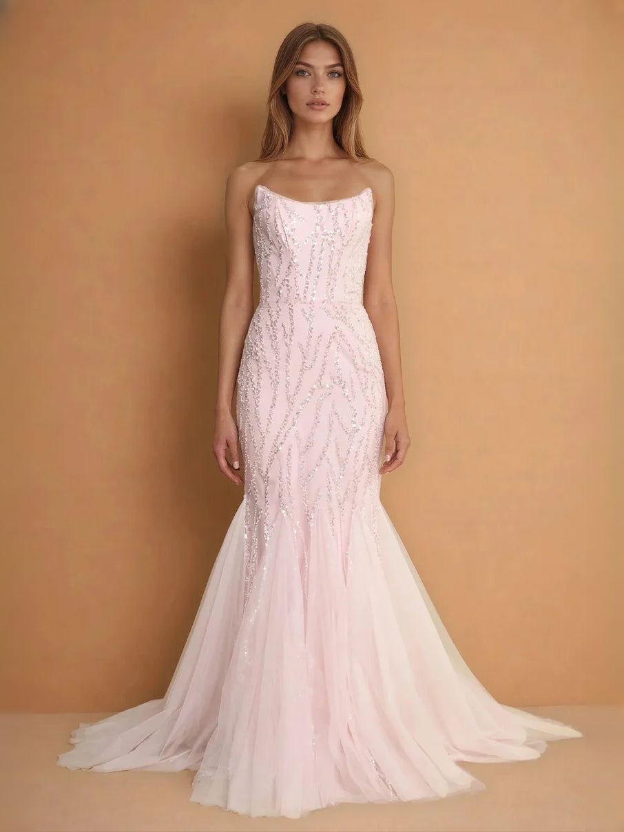 Blush Pink Beaded Sequin Strapless Mermaid Floor-Length Tulle Prom Dress for Senior Prom