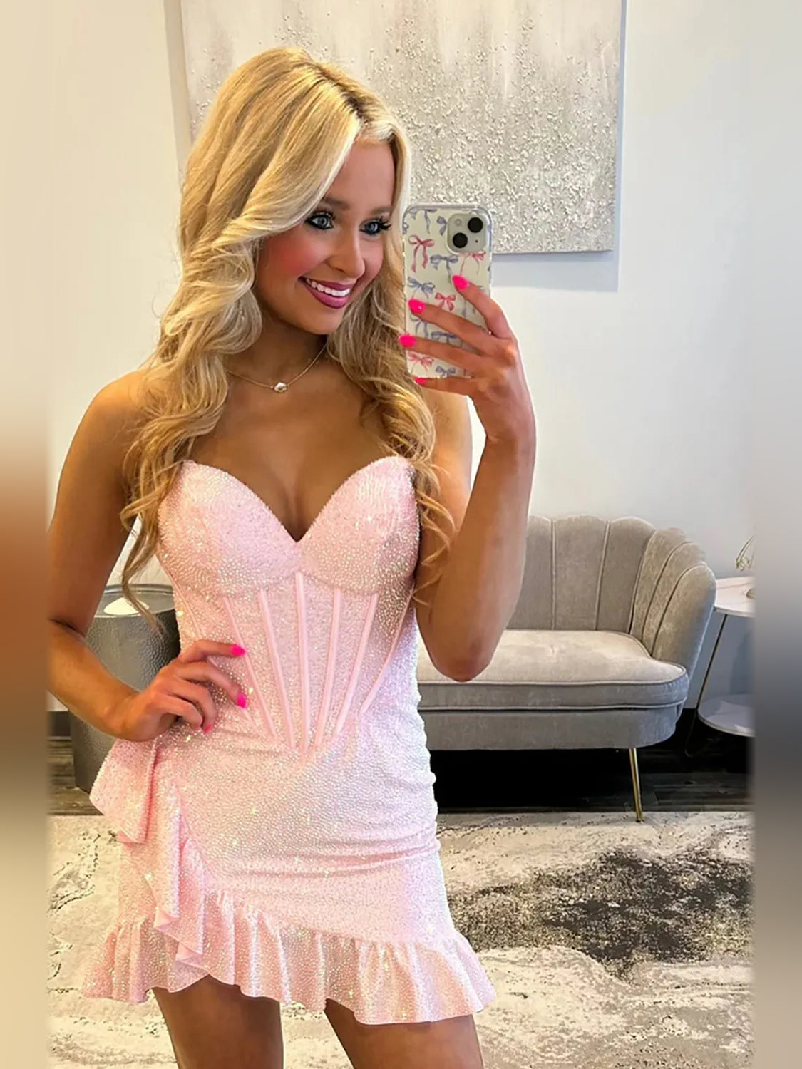 Ruched Corset Ruffled Sweetheart Sheath Short Chiffon Homecoming Dress for Dinner Reception