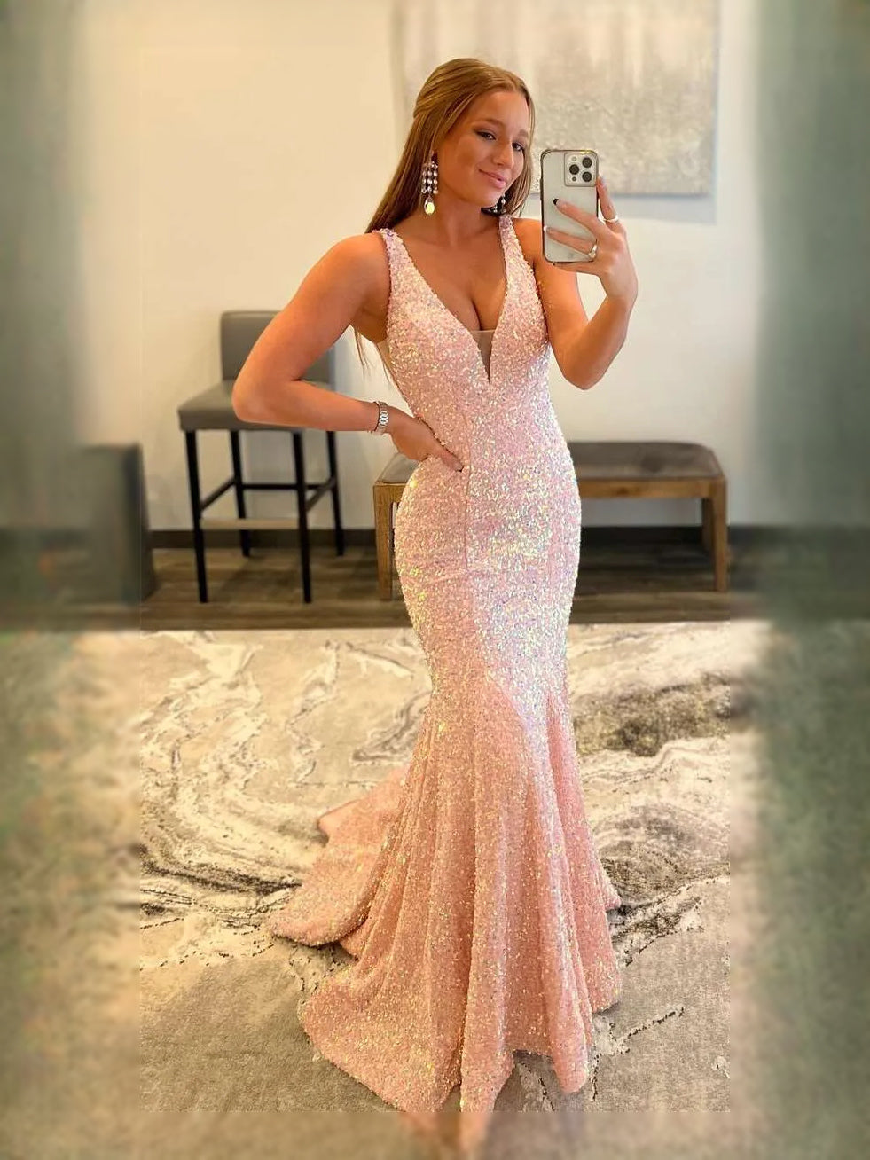 Draped Sequin Backless V Neck Mermaid Maxi Prom Dress for Evening Event