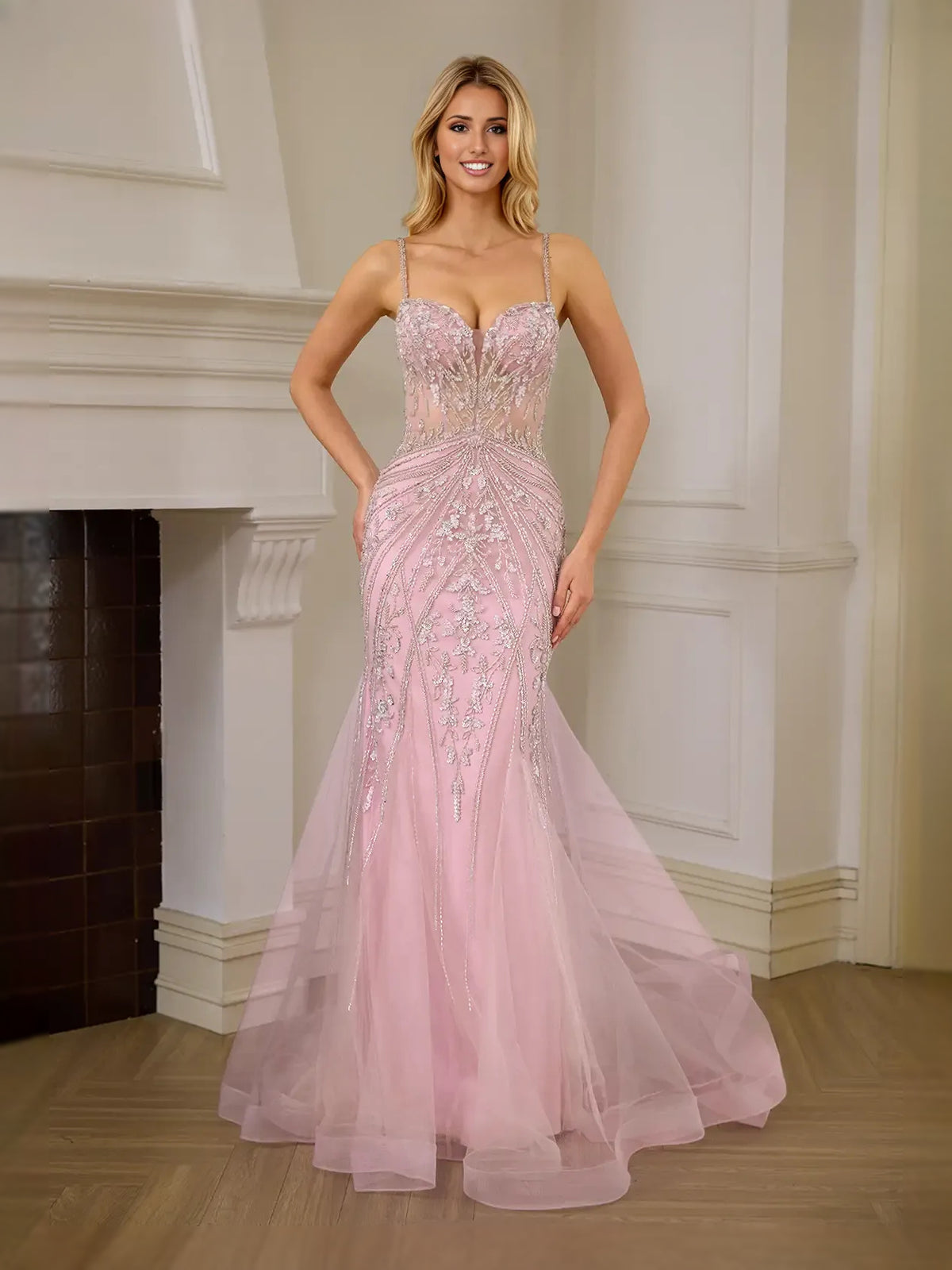 Cut-Out Beaded Sweetheart Mermaid Floor-Length Tulle Prom Dress for Red Carpet Event