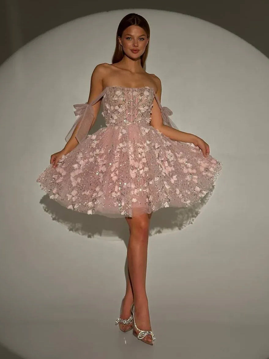 Corset Bow Floral Off Shoulder A-Line Mini Tulle Homecoming Dress for Prom