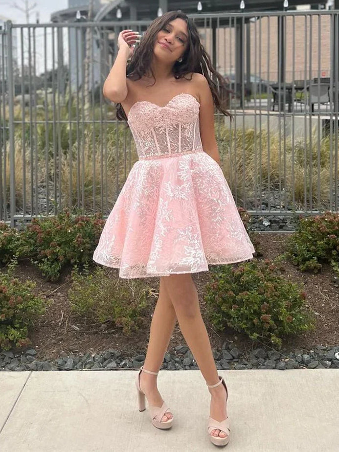Blush Pink Corset Flower-Applique Floral Sweetheart A-Line Mini Homecoming Dress for Birthday Party color option