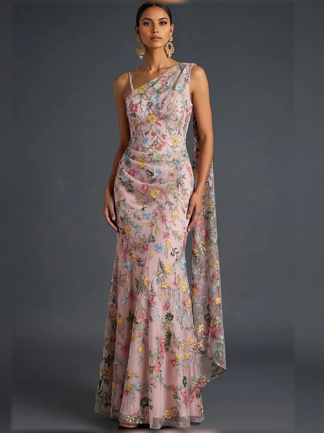 Floral Print One-Shoulder Open Back Floor-Length Formal Dress