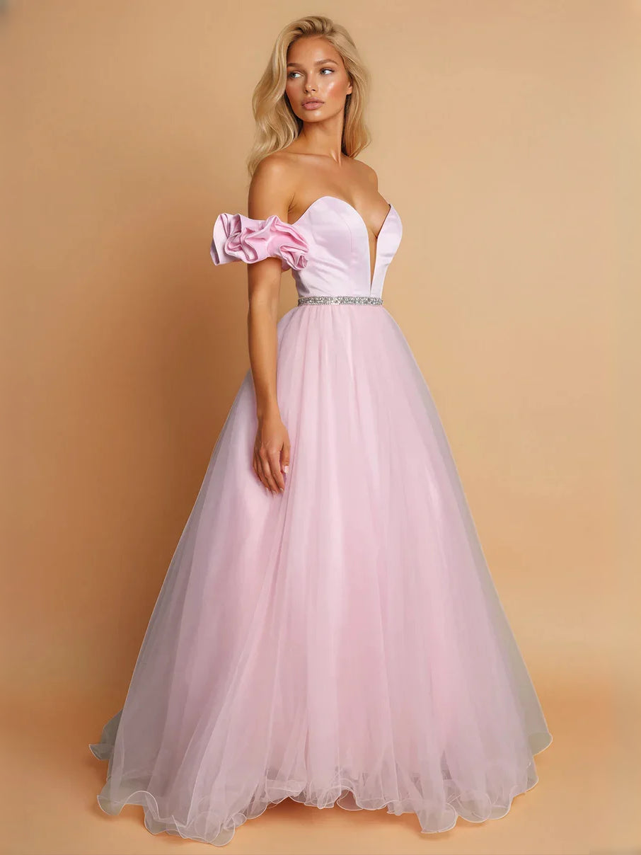 Ruffled Beaded Off Shoulder A-Line Floor-Length Satin Prom Dress for Red Carpet Event