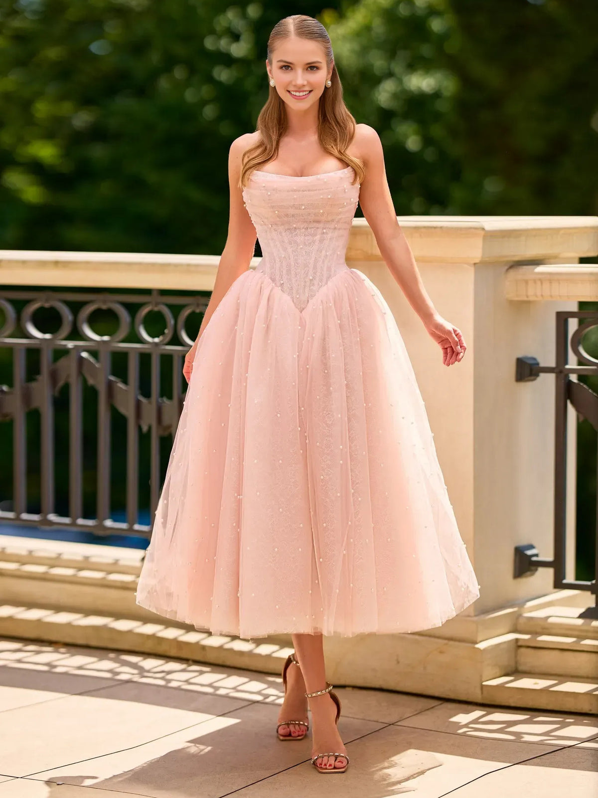 Blush Pink Ruched Corset Strapless A-Line Tea-Length Tulle Prom Dress for Awards Dinner