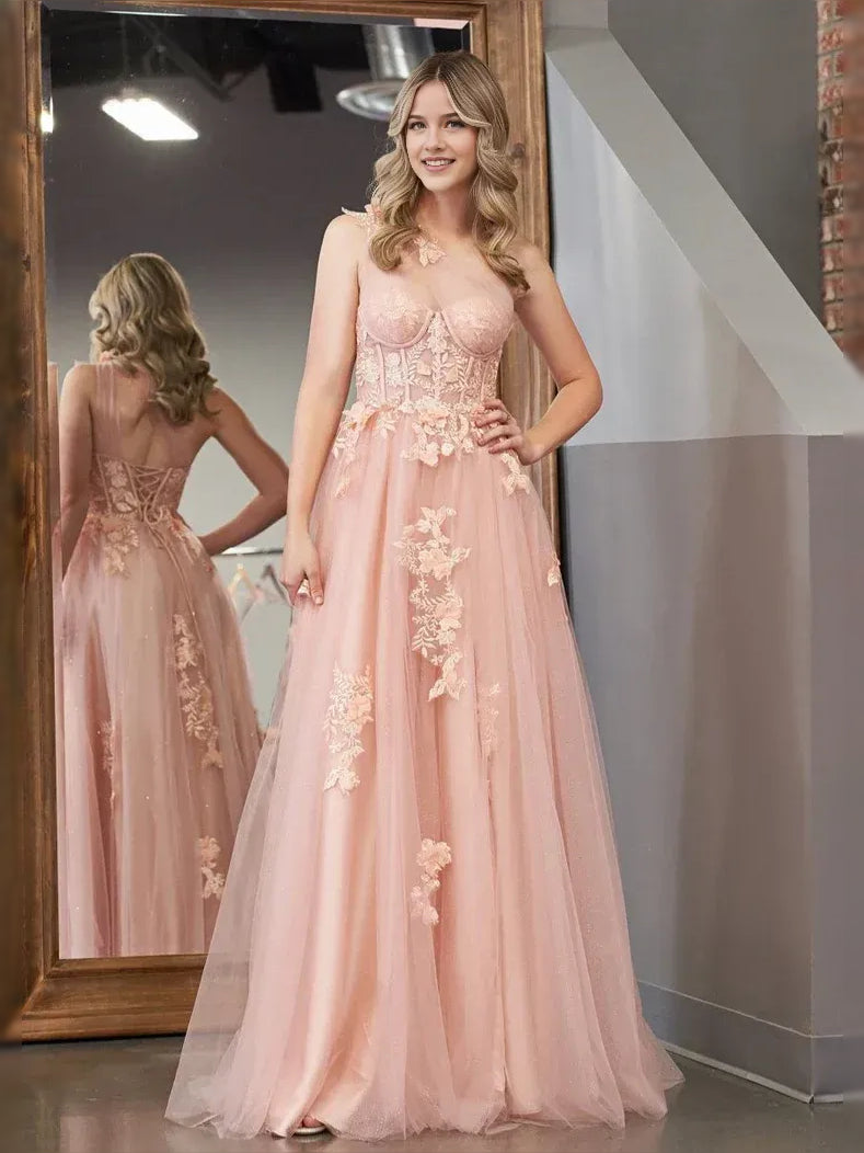 Flower-Applique Floral Slit One Shoulder A-Line Floor-Length Tulle Prom Dress for Ballroom Event