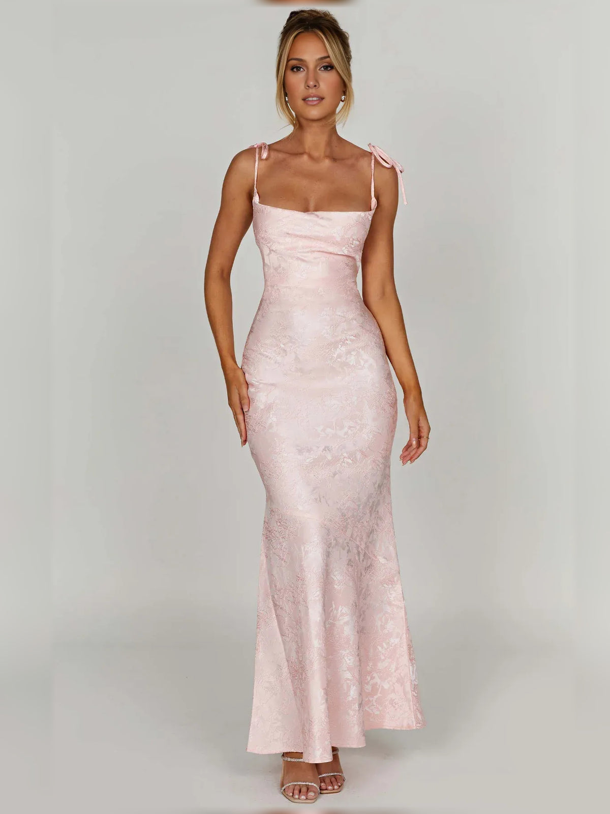 Floral Print Square Neck Lace-Up Back Floor-Length Formal Dress