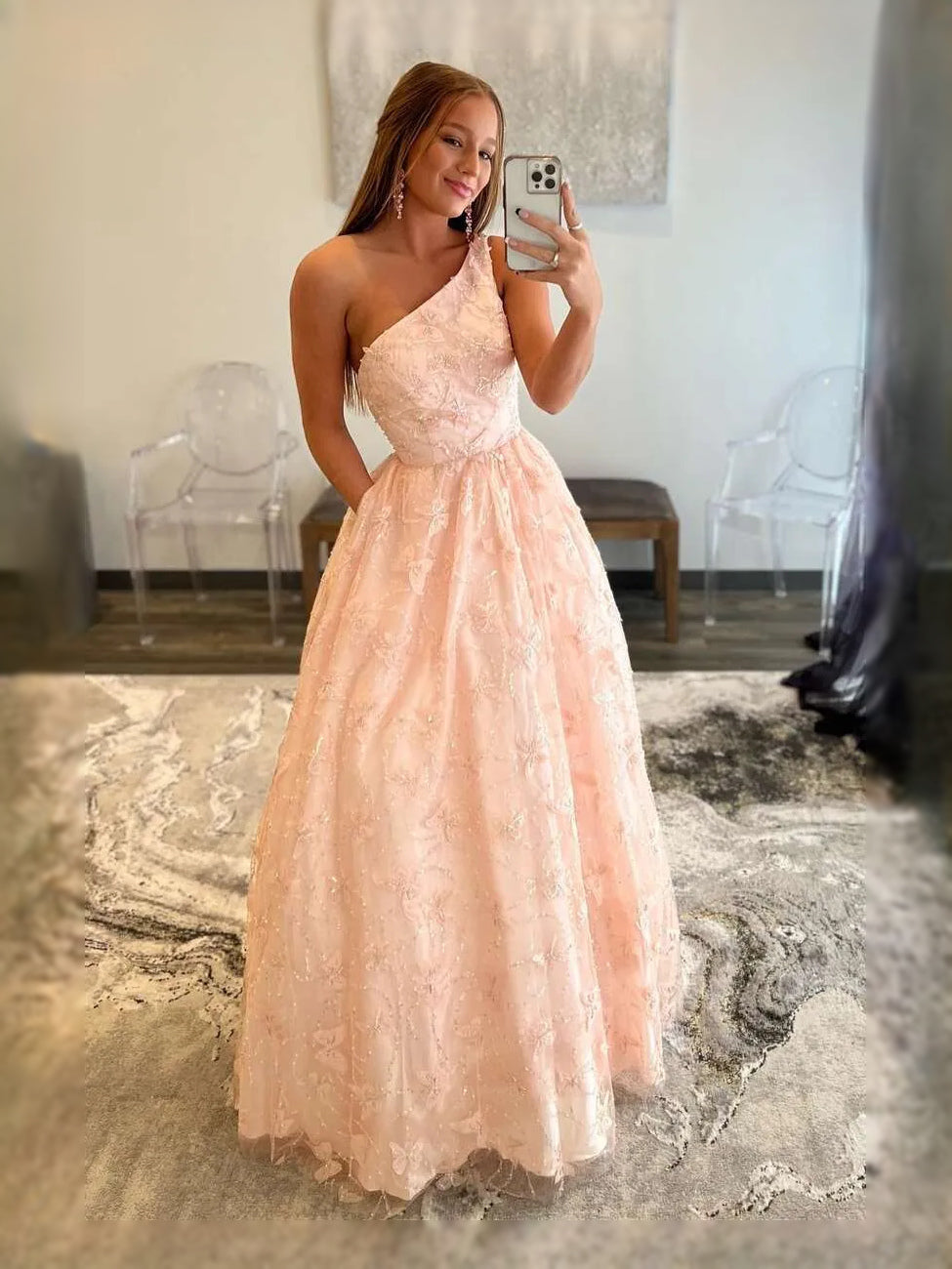 Blush Pink Ruched Draped Floral Backless Sweetheart A-Line Maxi Tulle Prom Dress for Formal Party