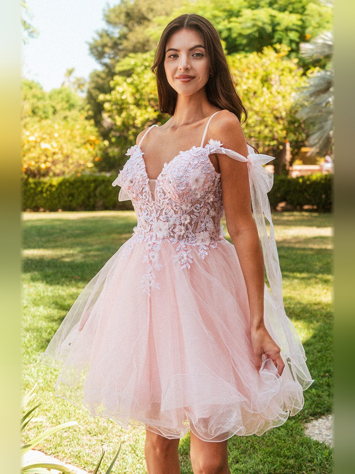 Bow Flower-Applique Floral V Neck A-Line Short Tulle Homecoming Dress for Formal Dinner