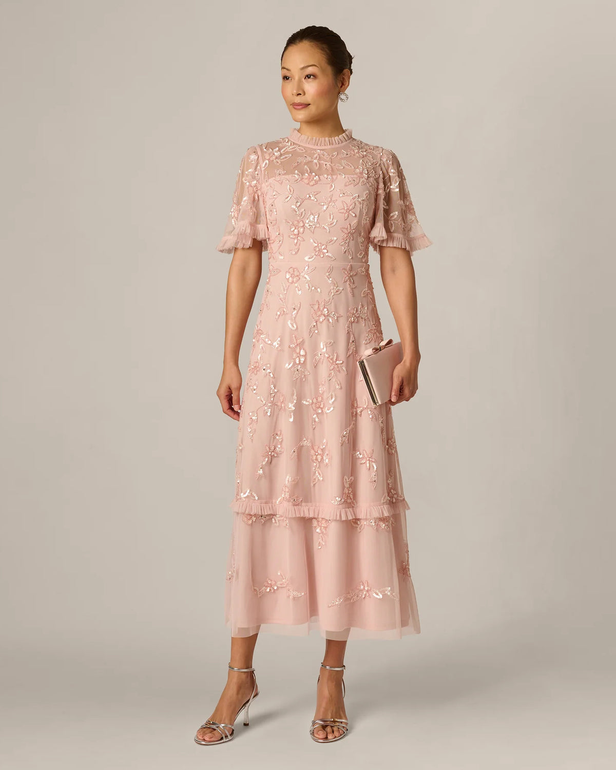 Floral Print Ruffle Flutter-Sleeve A-Line Midi Mother of the Bride Dress for Ballroom Reception