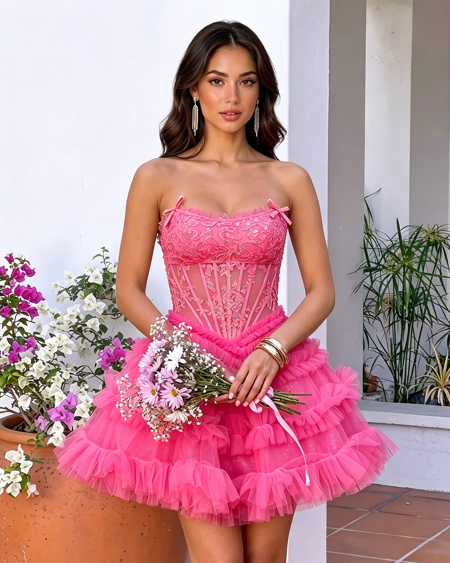 Spaghetti Strap Floral Lace Corset Tiered Tulle Mini Homecoming Dress
