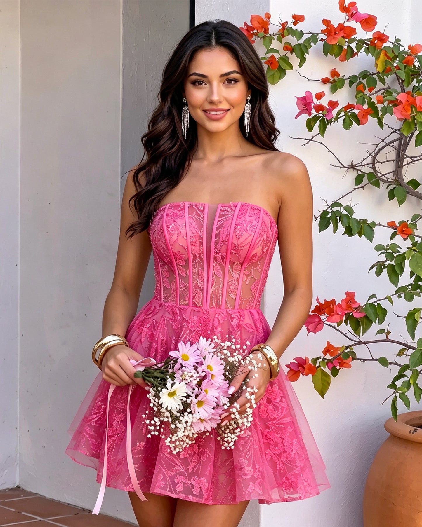Strapless Floral Lace Corset A-Line Mini Homecoming Dress