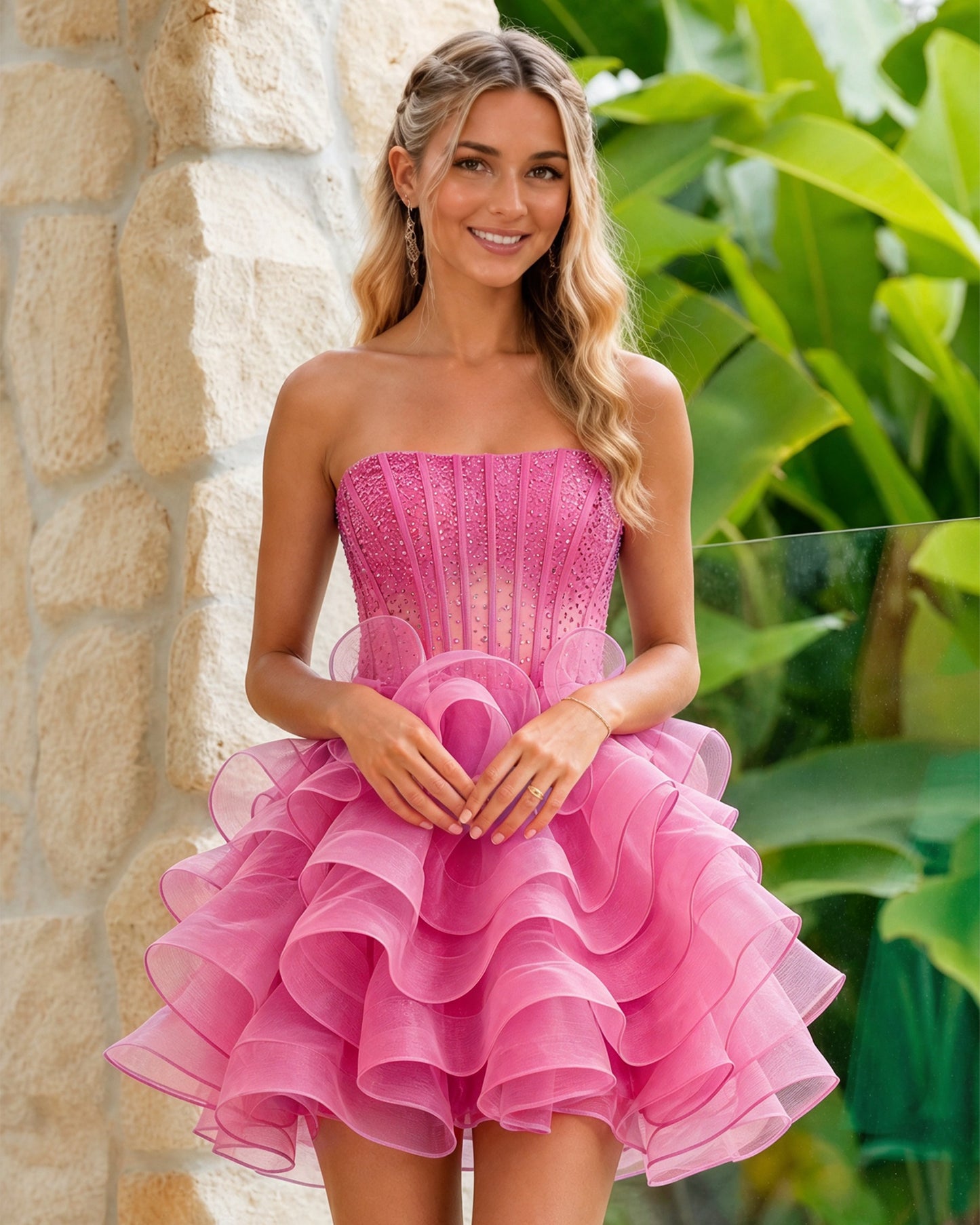 Strapless Glitter Corset Organza Ruffle Homecoming Dress