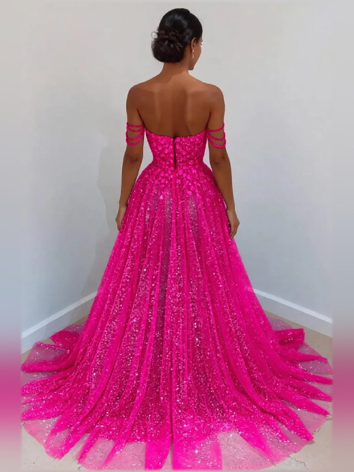 Off-Shoulder Sweetheart Glitter Tulle Floral Appliqué Formal Dress