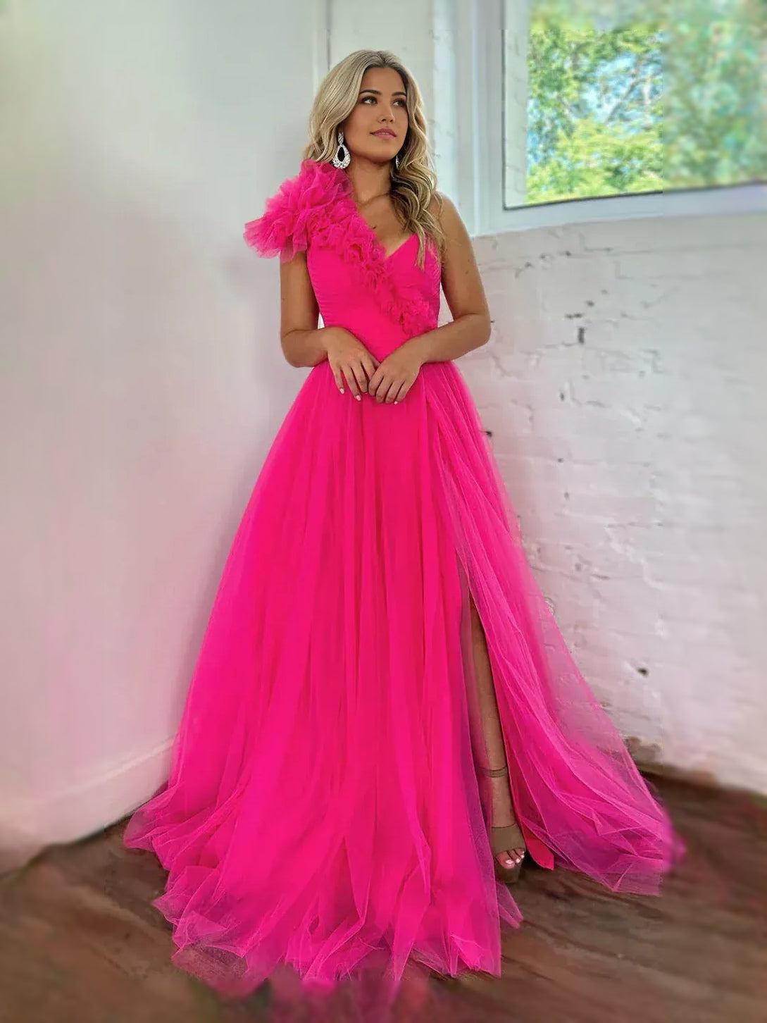 Hot Pink Ruched Draped Ruffled Slit V Neck A-Line Maxi Tulle Prom Dress for Ballroom Event
