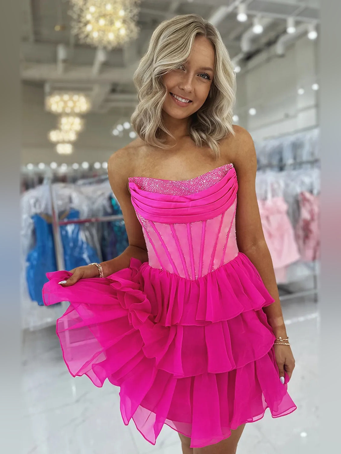 Ruched Corset Ruffled Strapless A-Line Short Chiffon Homecoming Dress for Club Formal