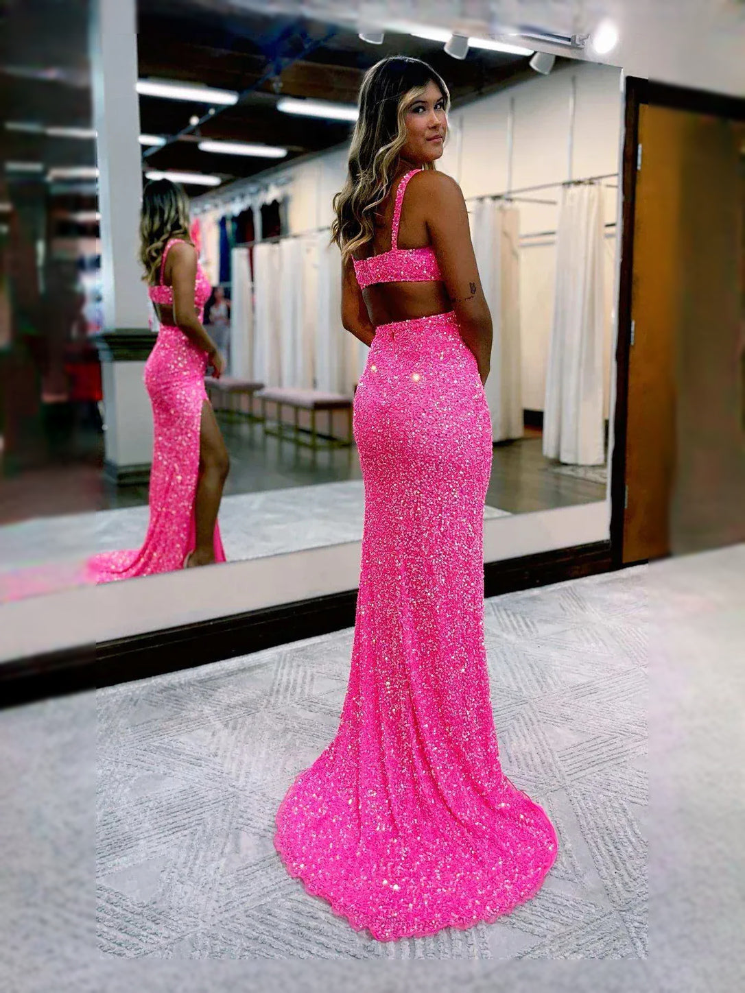 Hot Pink Draped Cut-Out Slit Backless V Neck Mermaid Maxi Prom Dress for Formal Reception