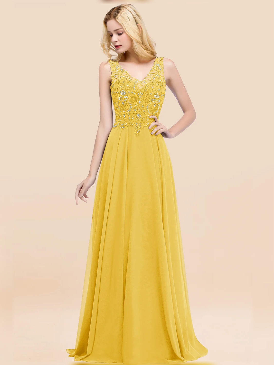V Neck A-Line Floor-Length Chiffon Bridesmaid Dress for Formal Wedding