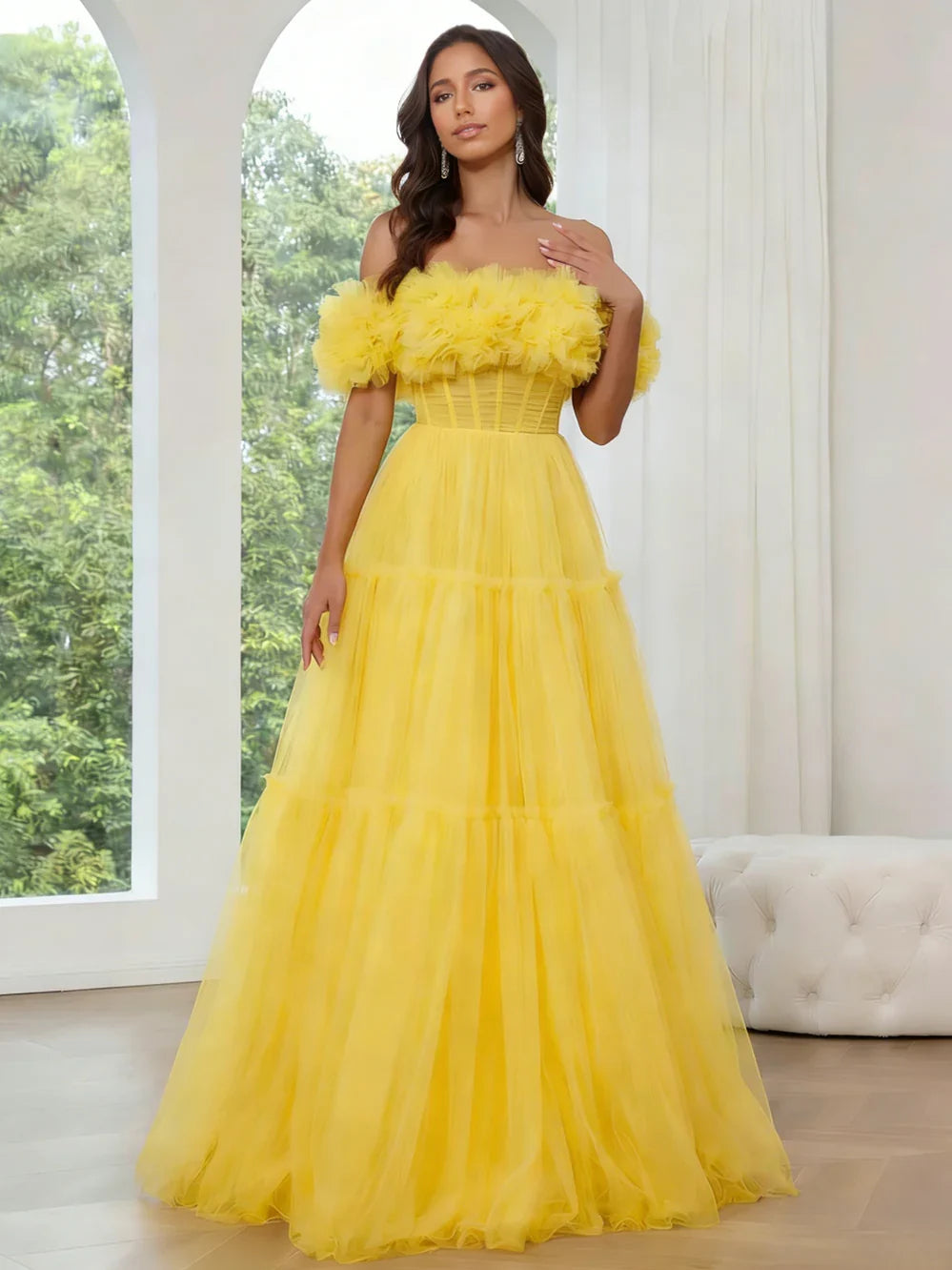 Yellow Corset Tiered Ruffled Off Shoulder A-Line Floor-Length Tulle Prom Dress for Evening Event