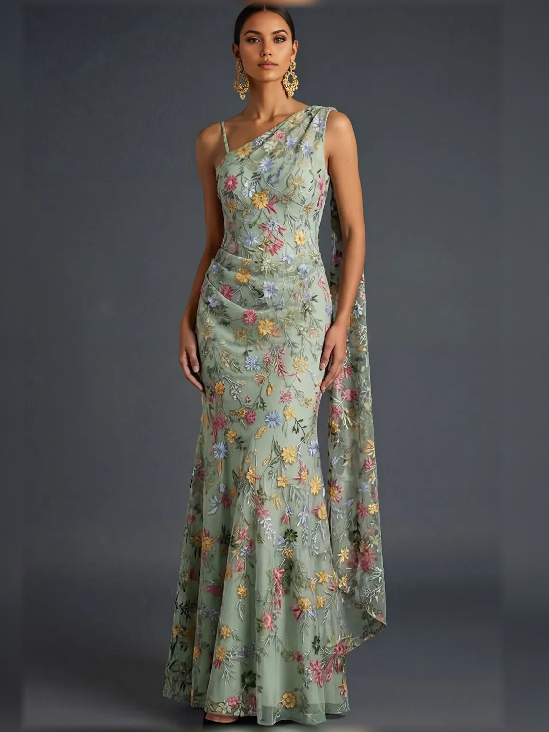 Floral Print One-Shoulder Open Back Floor-Length Formal Dress