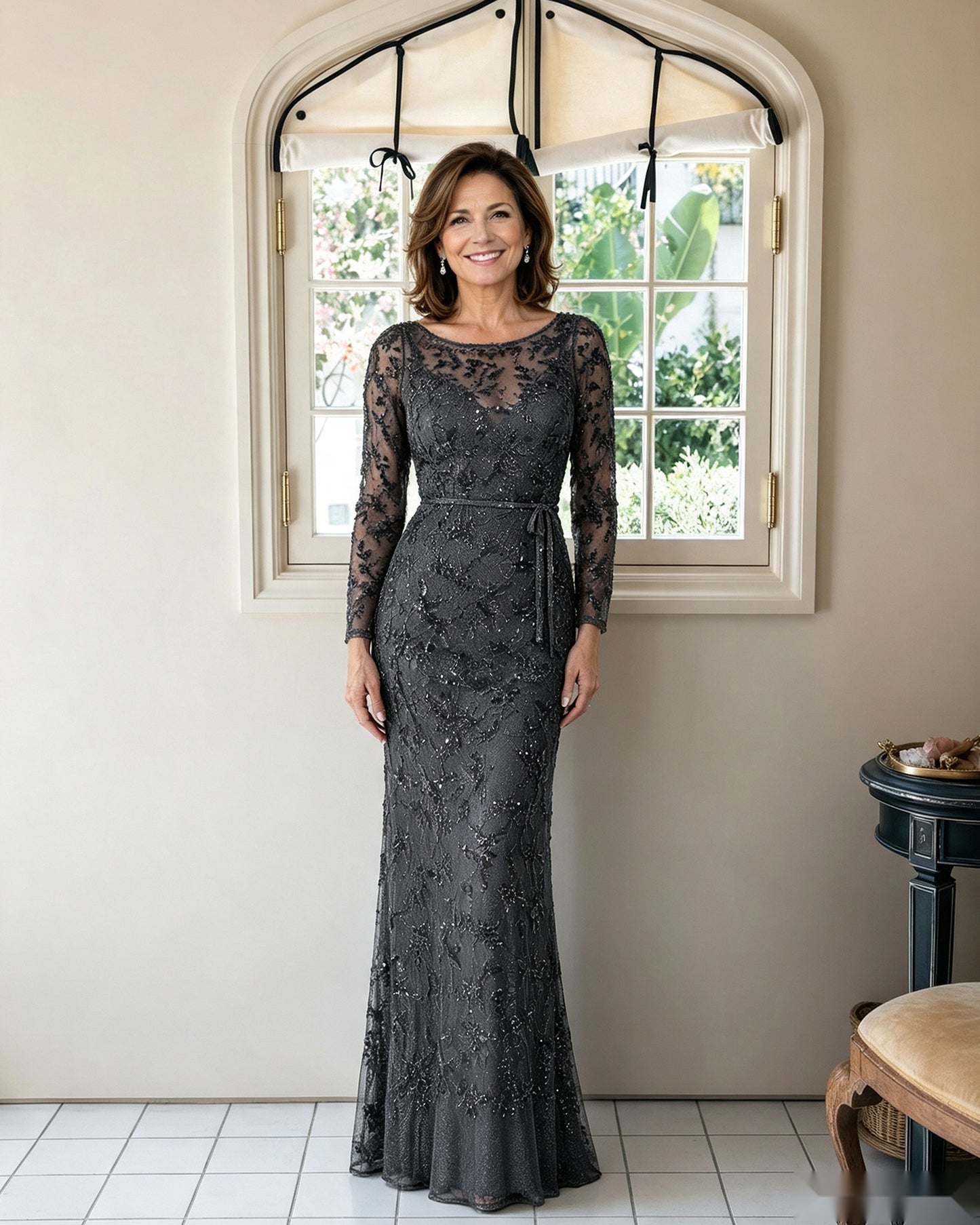 Illusion Lace Long Sleeve Sheath Mother of the Bride Dress