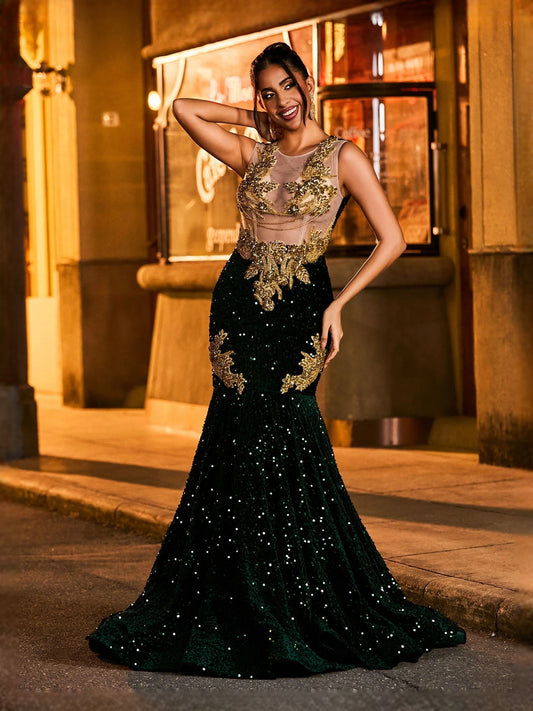 Dark Green Front-Slit Sequin Slit V Neck Mermaid Maxi Prom Dress for Formal Dance
